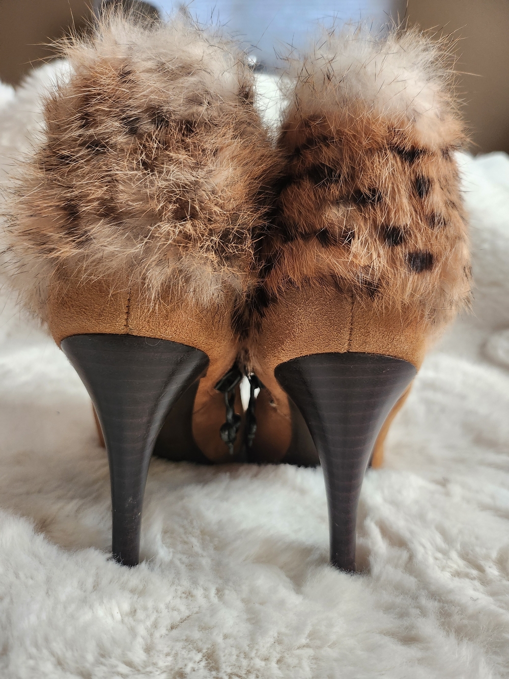 Donald J. Pliner Tan Suede Ankle Boots with Leopard Faux-Fur Trim - Picture 4 of 5